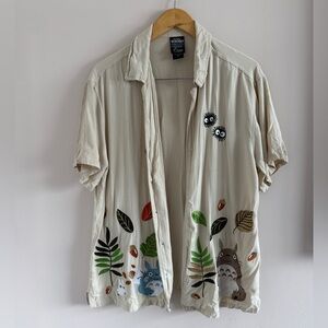 Whimsical Beige Button Down Shirt with Totoro Design